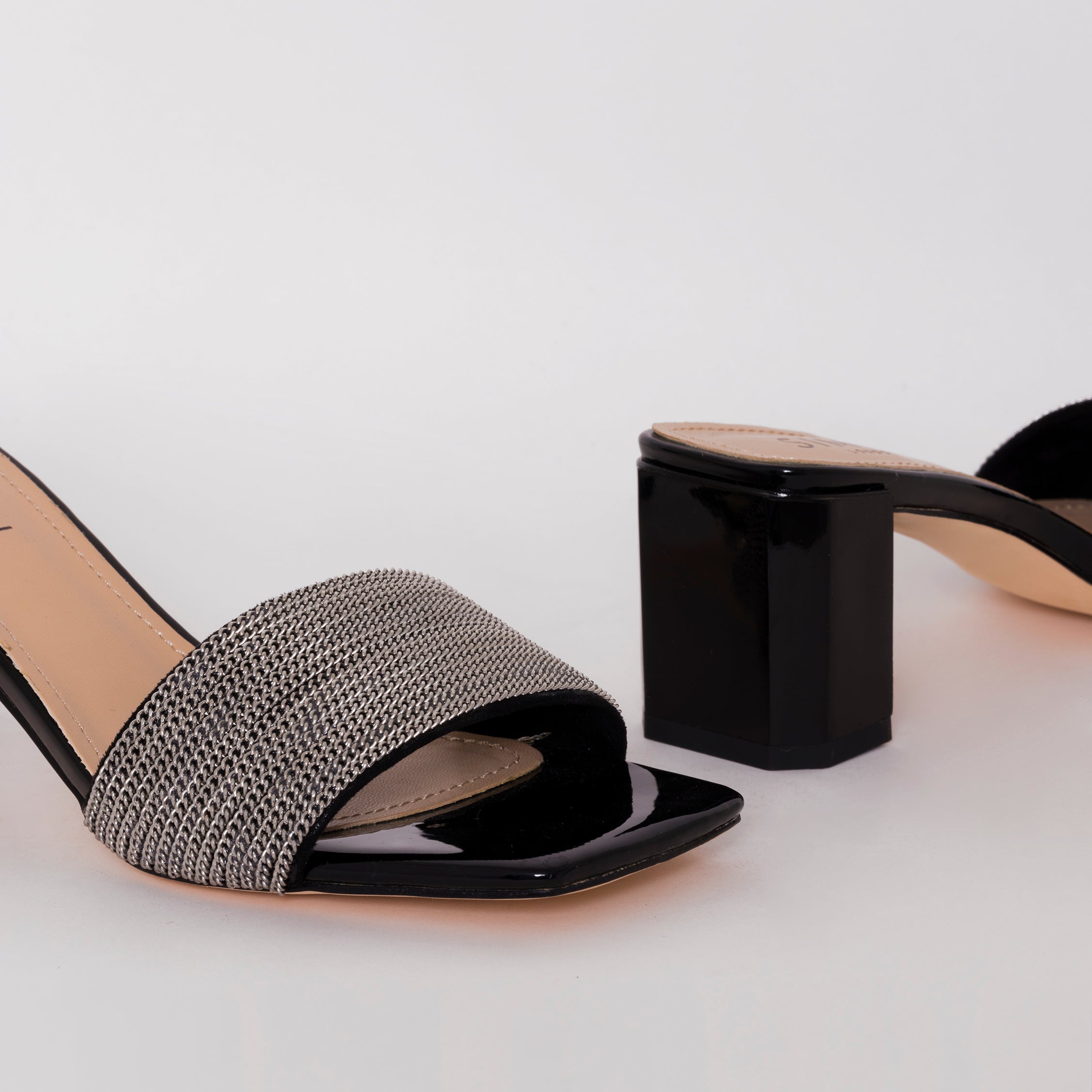 Romie Black Silver Block Mid Heel Mules