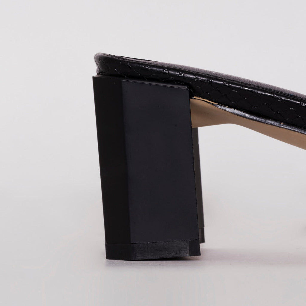 Ruhani Wide Fit Black Snake Print Block Mid Heel Mules