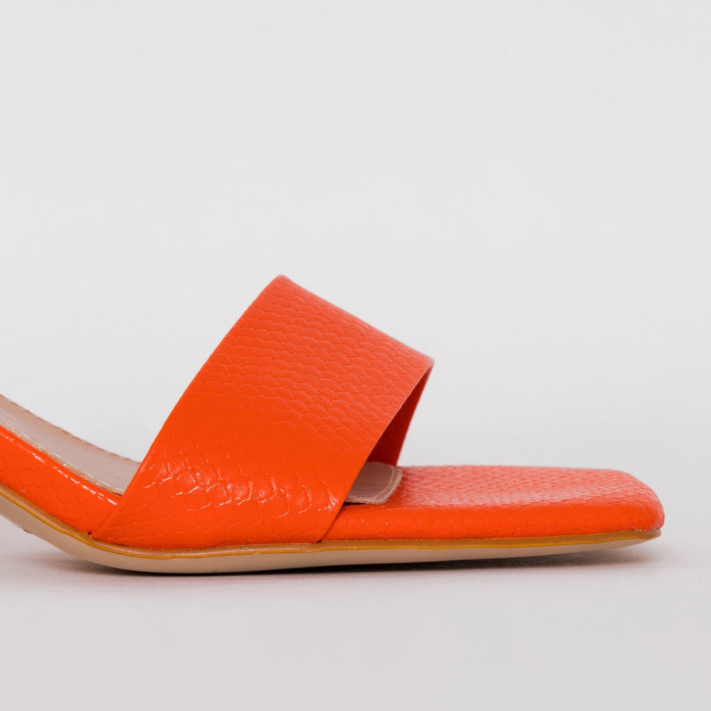 Ruhani Wide Fit Orange Snake Print Block Mid Heel Mules