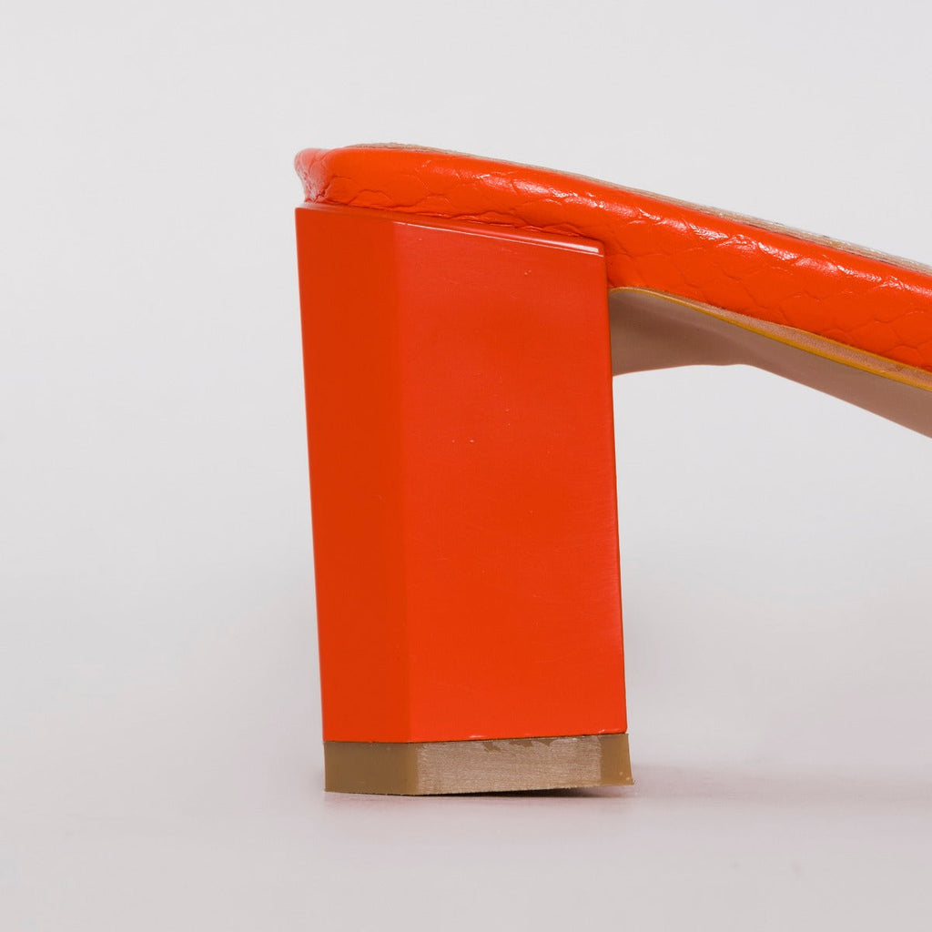 Ruhani Wide Fit Orange Snake Print Block Mid Heel Mules
