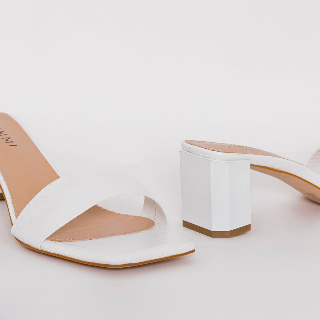 Ruhani Wide Fit White Snake Print Block Mid Heel Mules