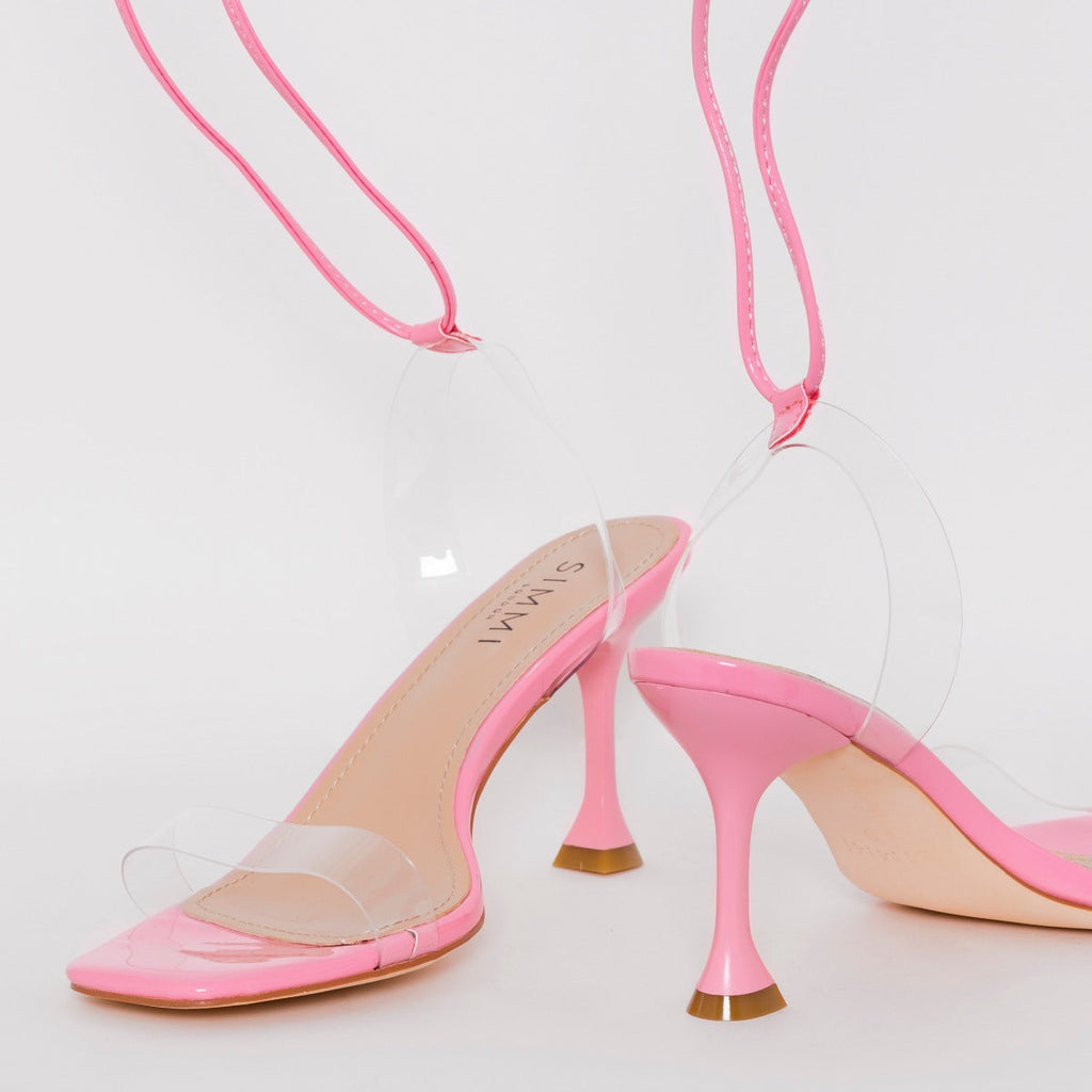 Truo Wide Fit Pink Clear Lace up Stiletto Heels