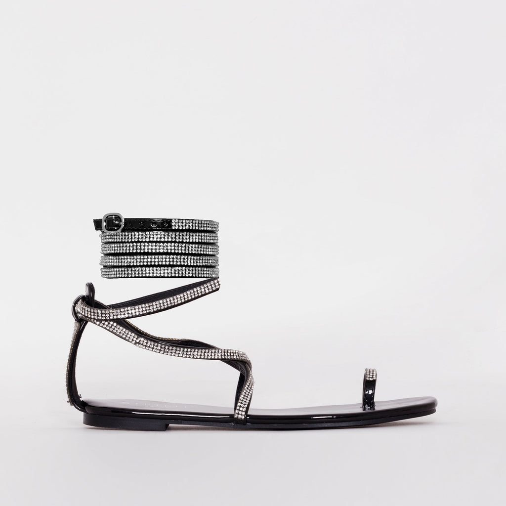 Averie Black Patent Lace Up Diamante Sandals