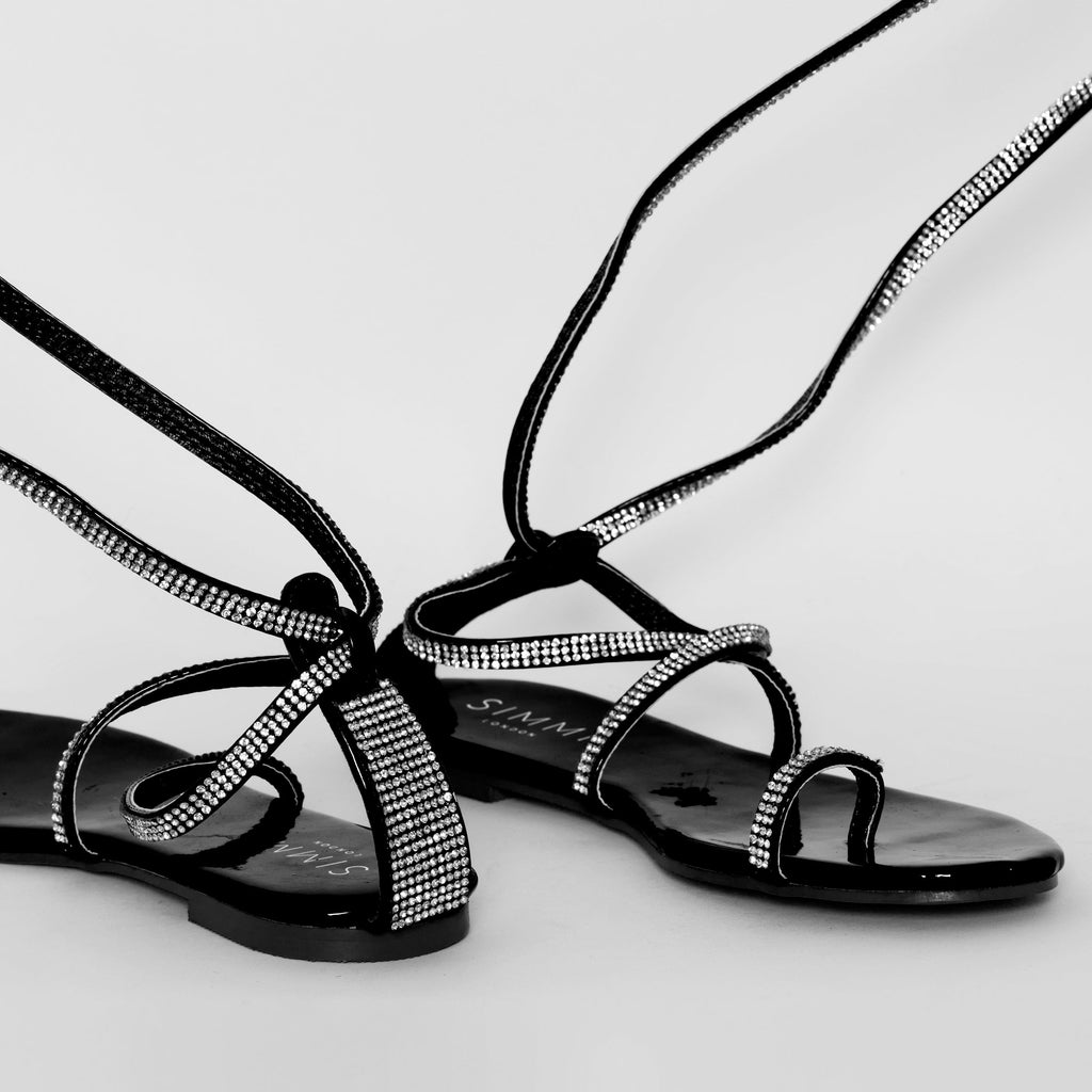 Averie Black Patent Lace Up Diamante Sandals