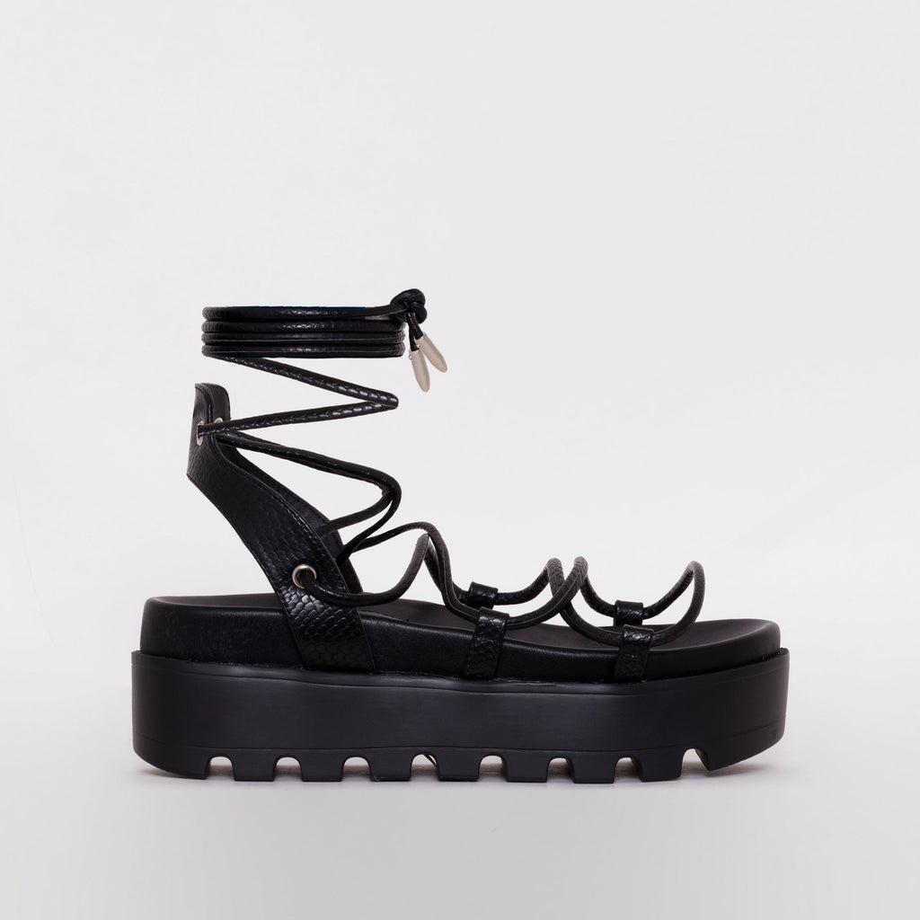 Thoma Black Lizard Print Lace Up Flatforms