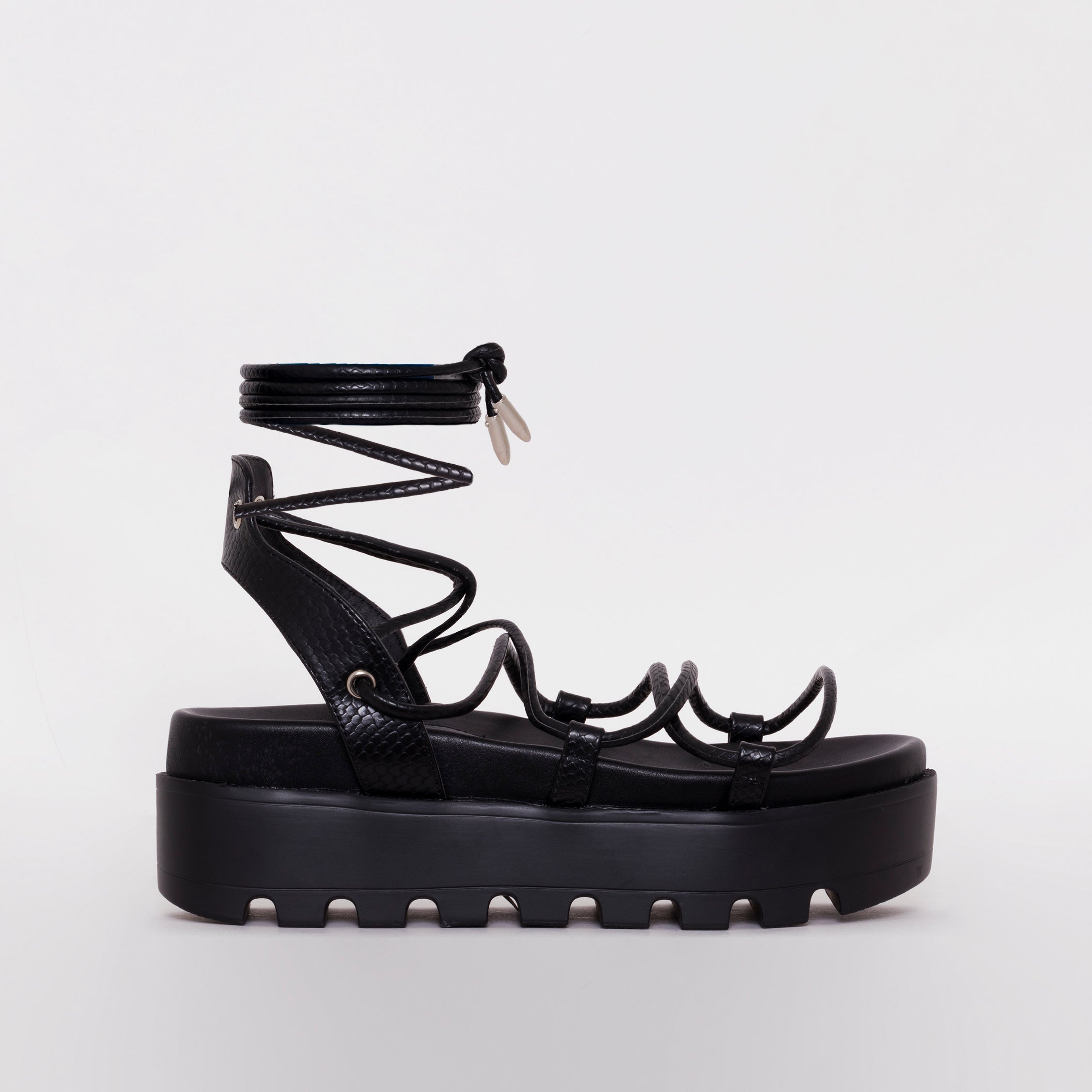 Thoma Black Lizard Print Lace Up Flatforms