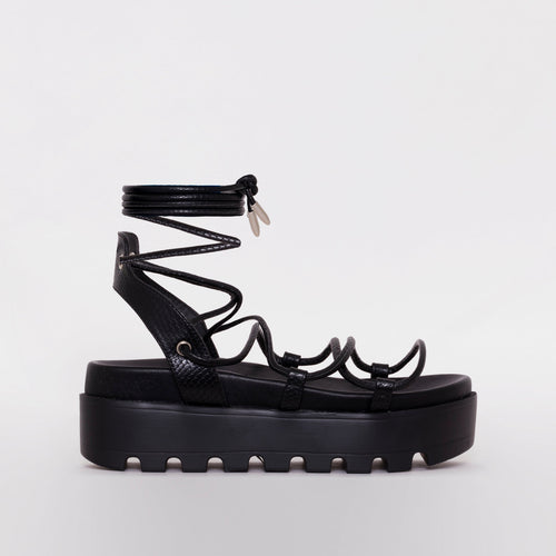 Thoma Black Lizard Print Lace Up Flatforms