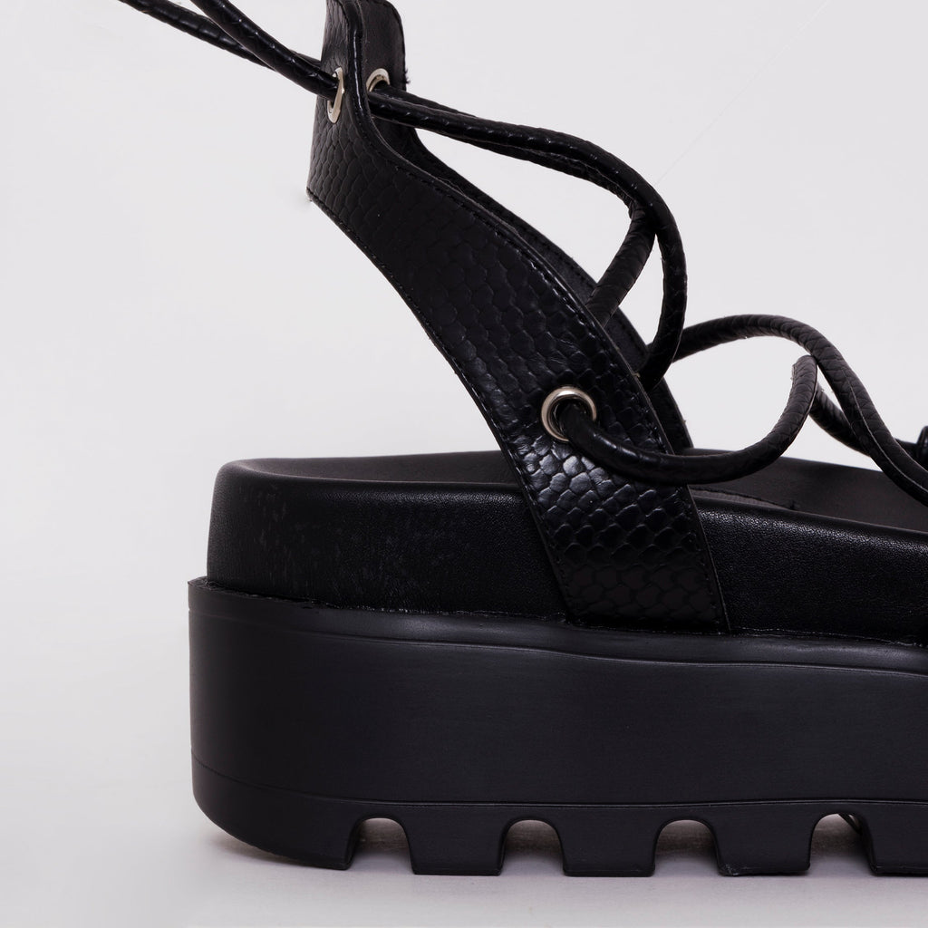 Thoma Black Lizard Print Lace Up Flatforms