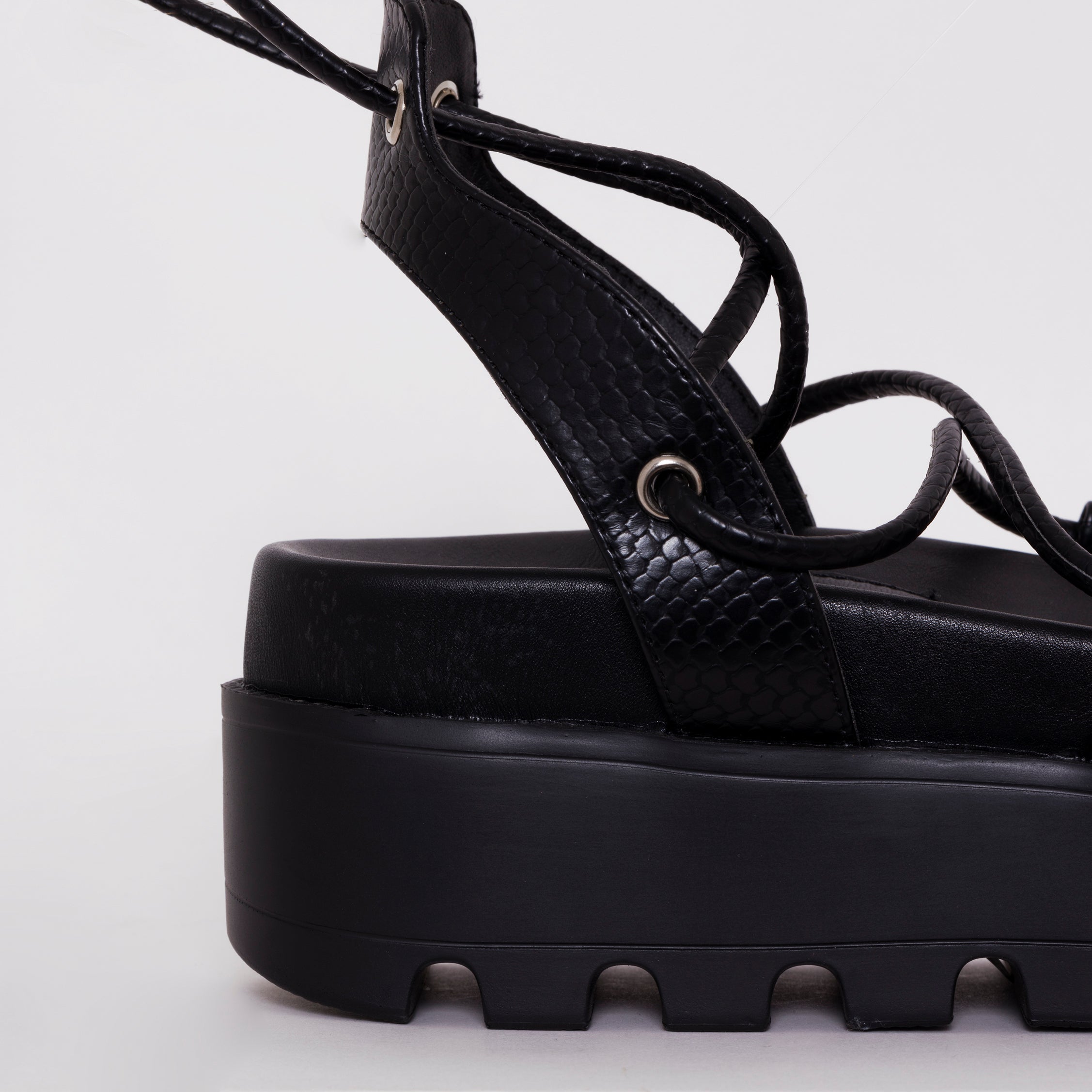 Thoma Black Lizard Print Lace Up Flatforms