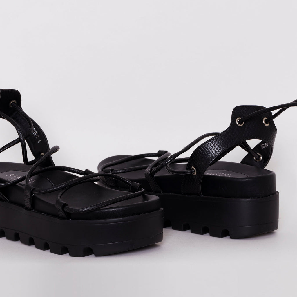 Thoma Black Lizard Print Lace Up Flatforms