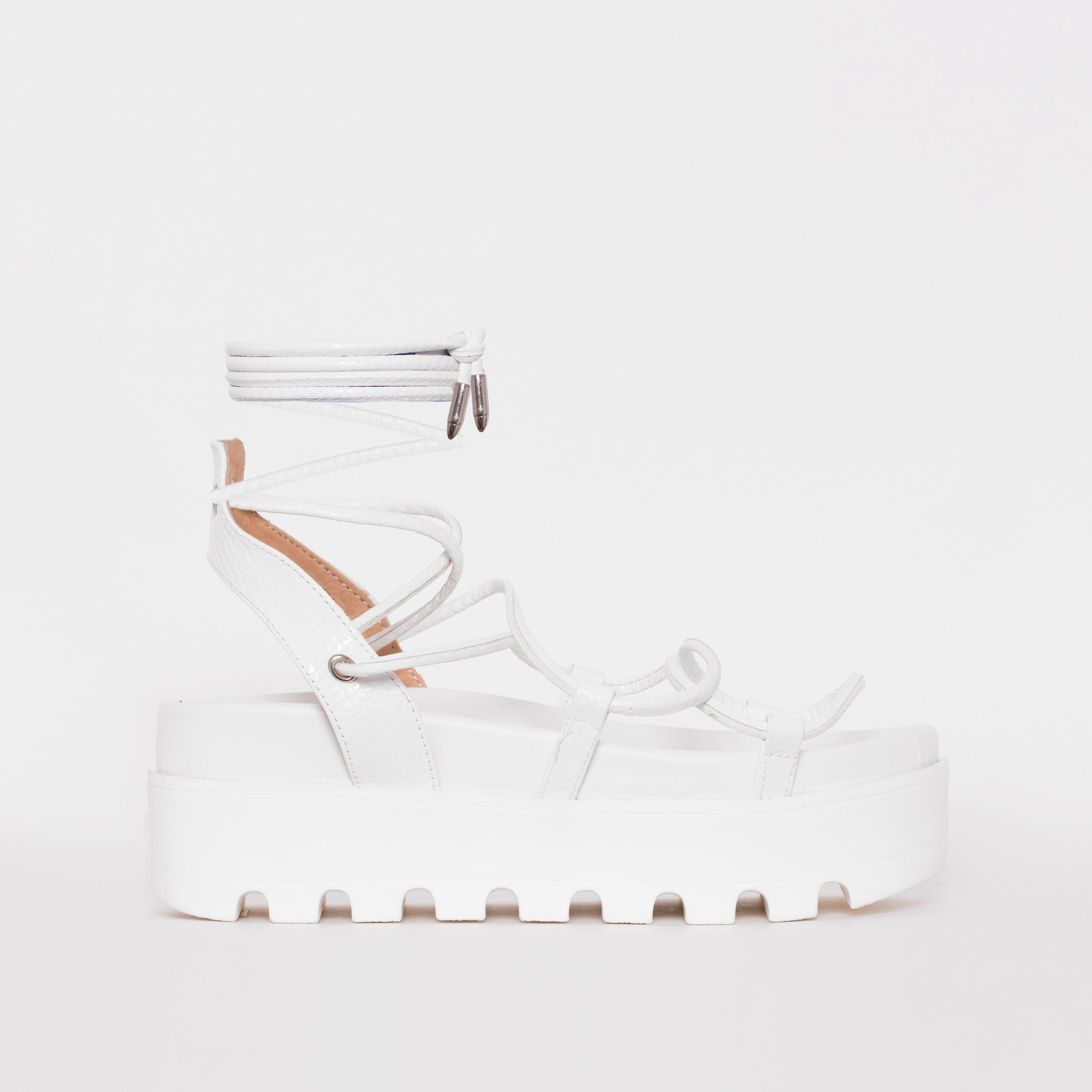 Thoma White Lizard Print Lace Up Flatforms