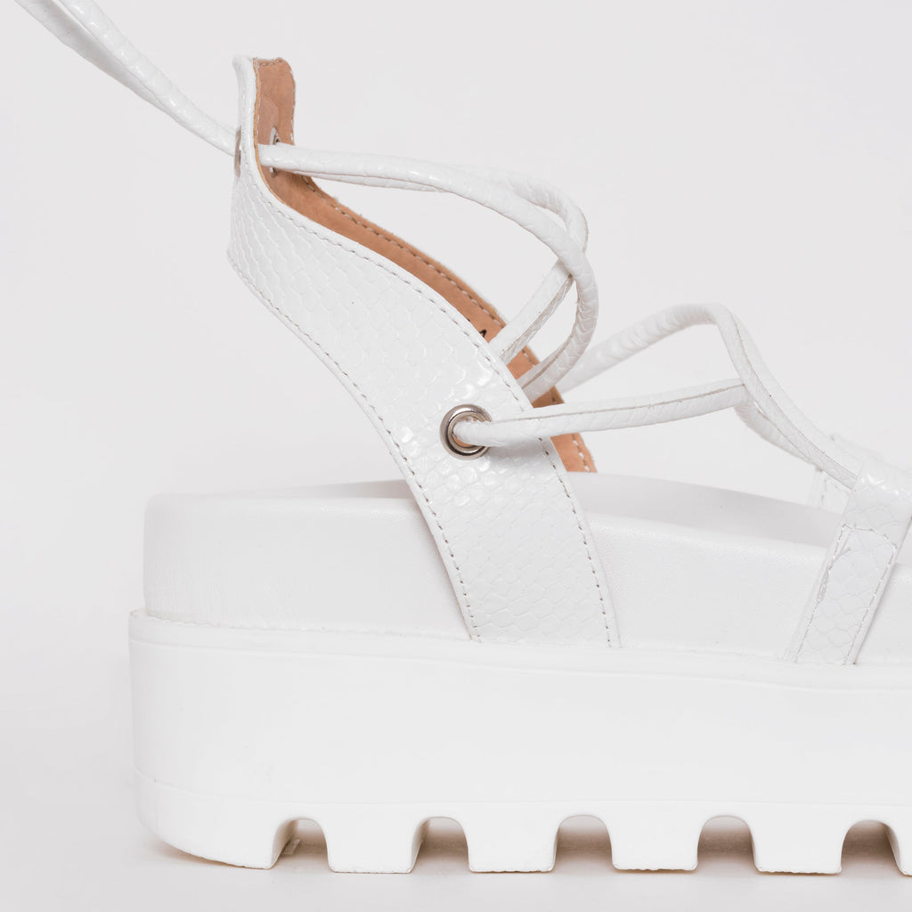 Thoma White Lizard Print Lace Up Flatforms