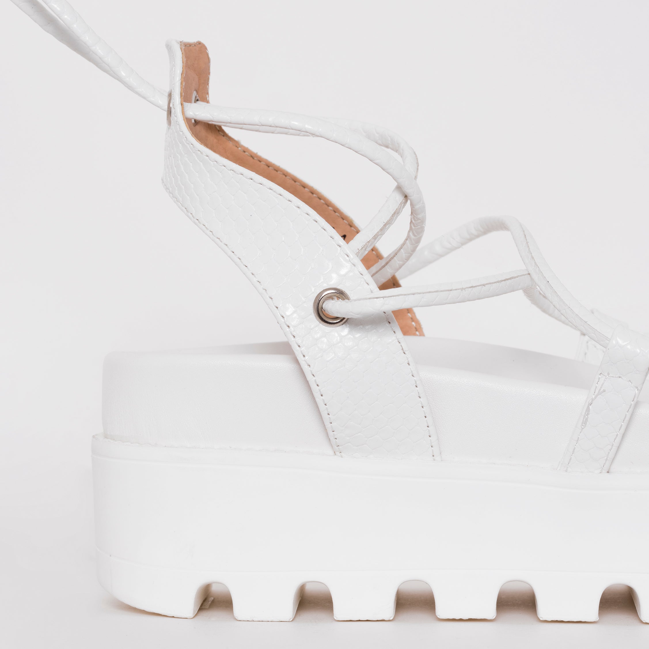 Thoma White Lizard Print Lace Up Flatforms