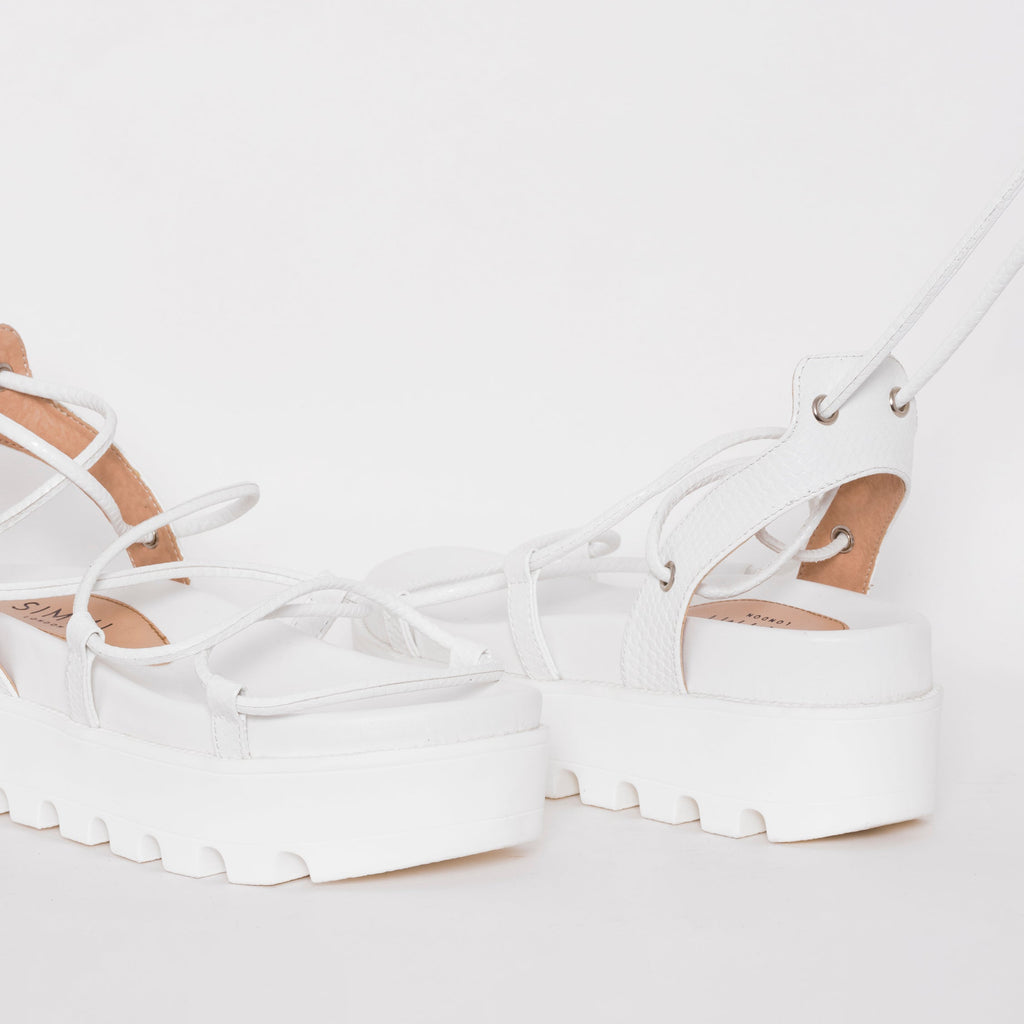 Thoma White Lizard Print Lace Up Flatforms