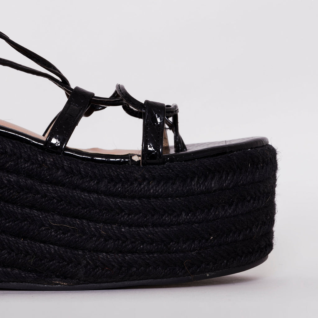 Terisa Black Patent Snake Print Espadrille Flatforms