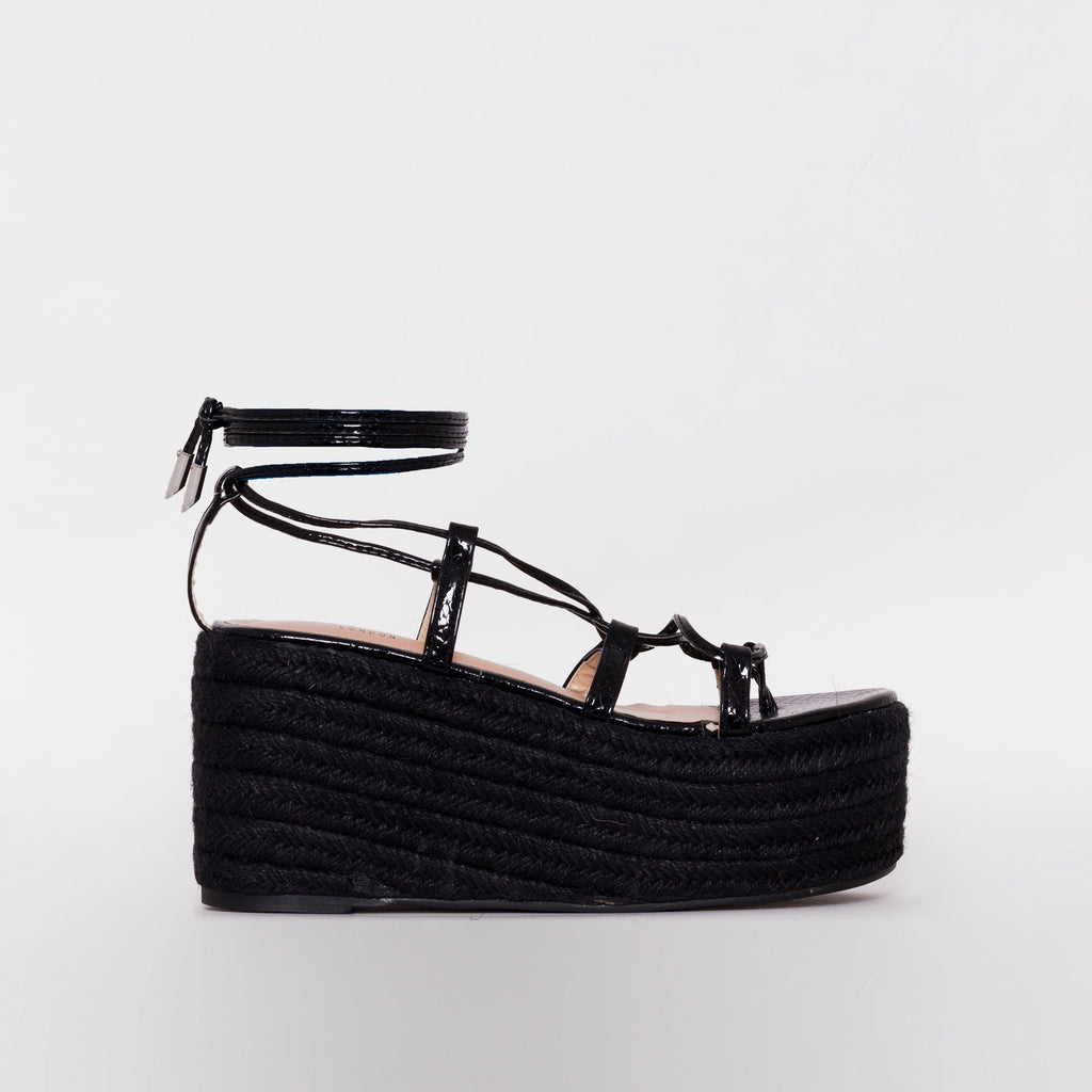 Terisa Black Patent Snake Print Espadrille Flatforms