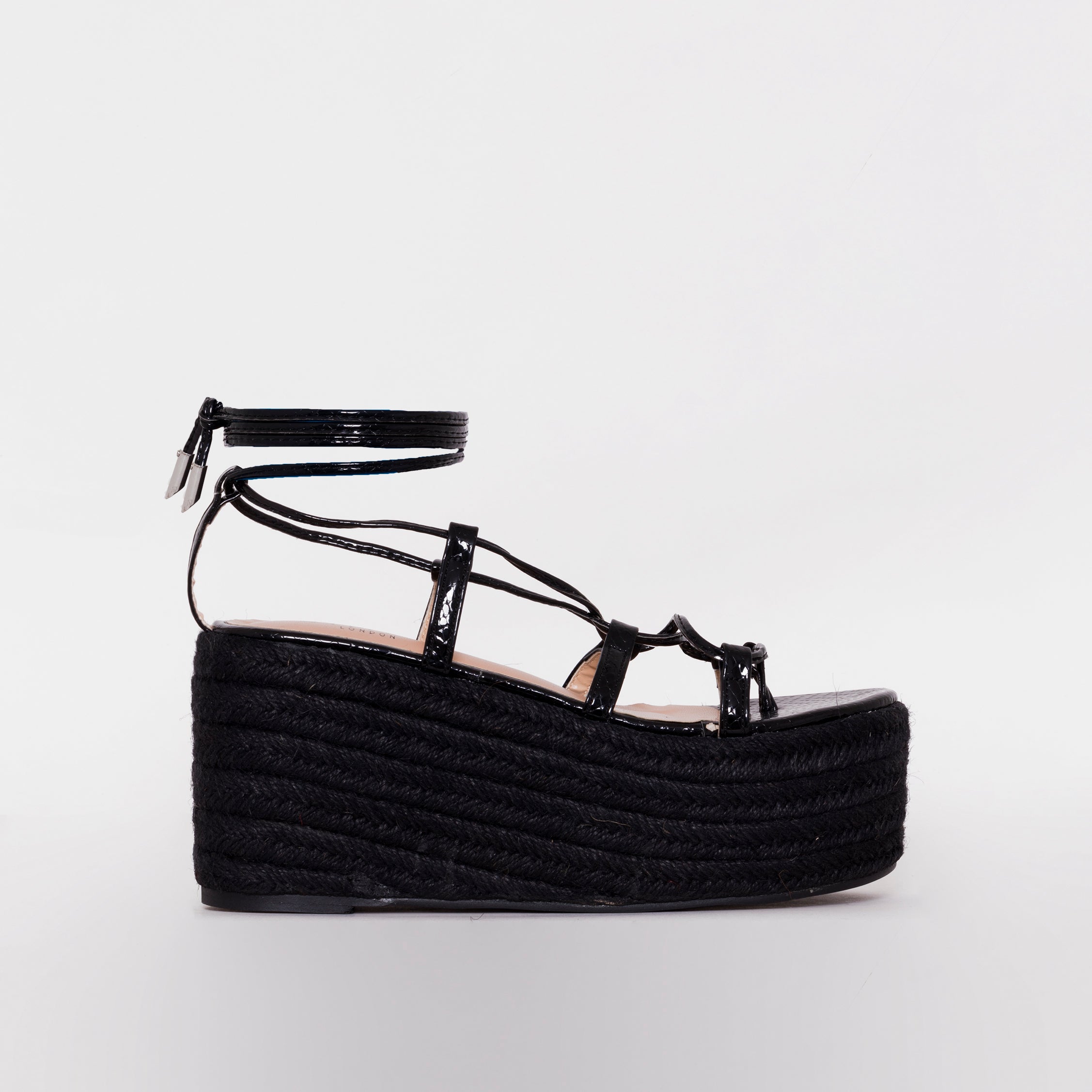 Terisa Black Patent Snake Print Espadrille Flatforms