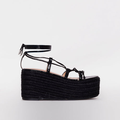 Terisa Black Patent Snake Print Espadrille Flatforms