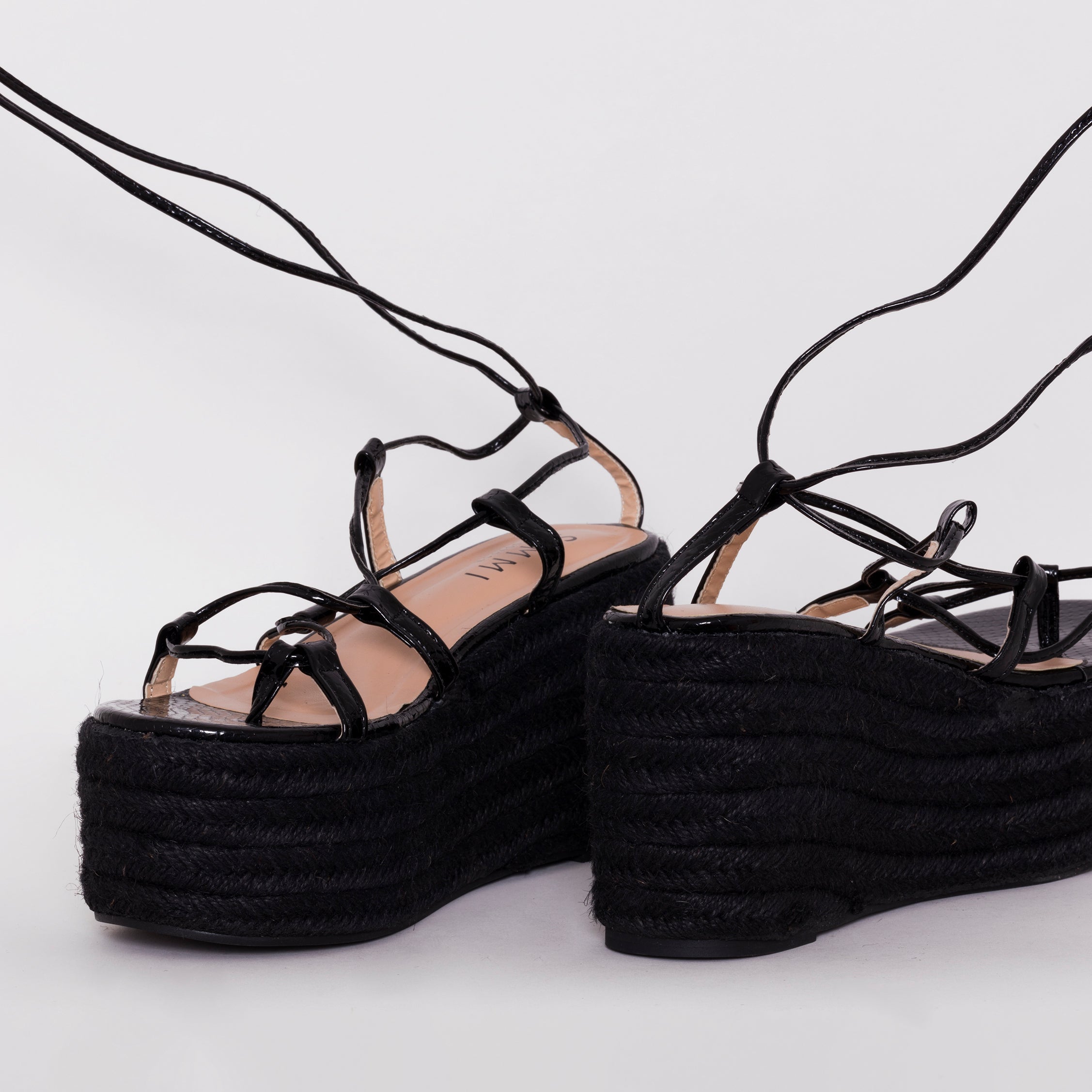 Terisa Black Patent Snake Print Espadrille Flatforms