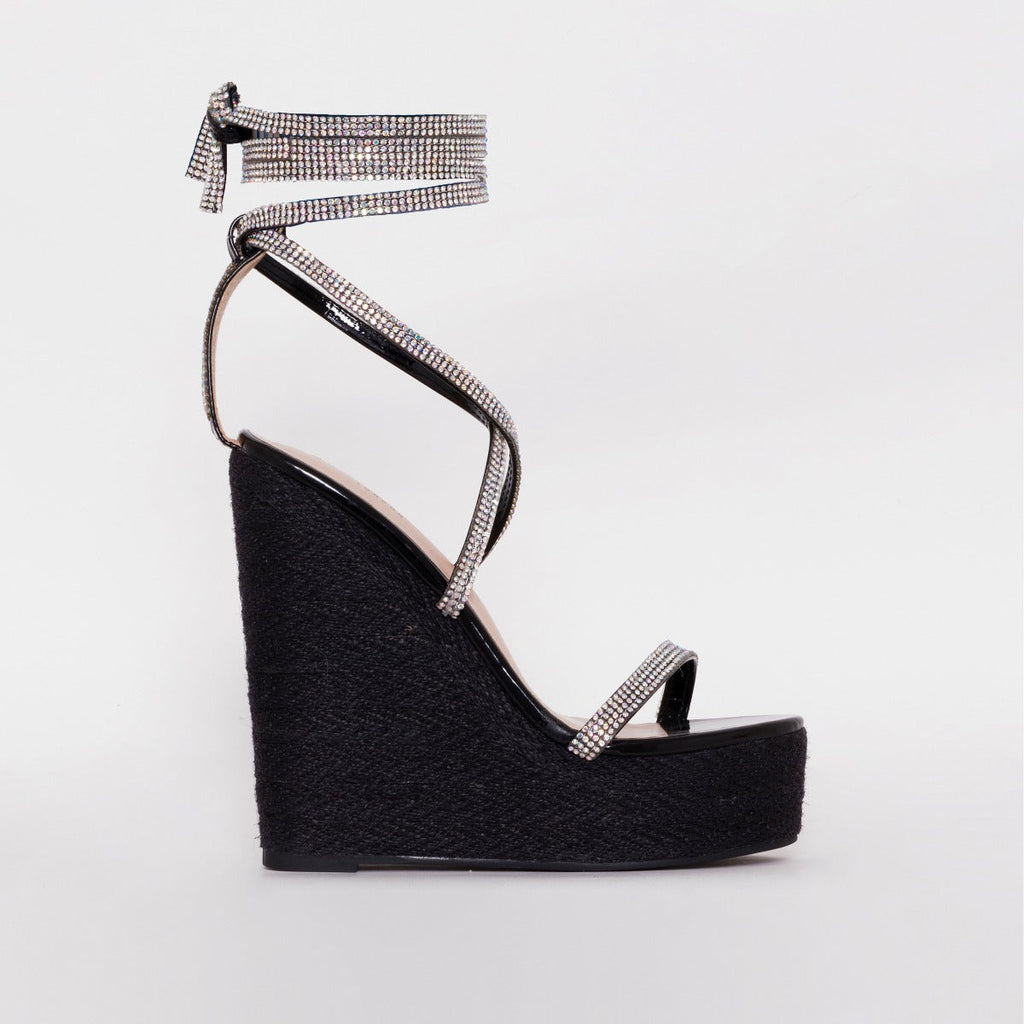 Ciara Black Patent Lace Up Espadrille Wedges