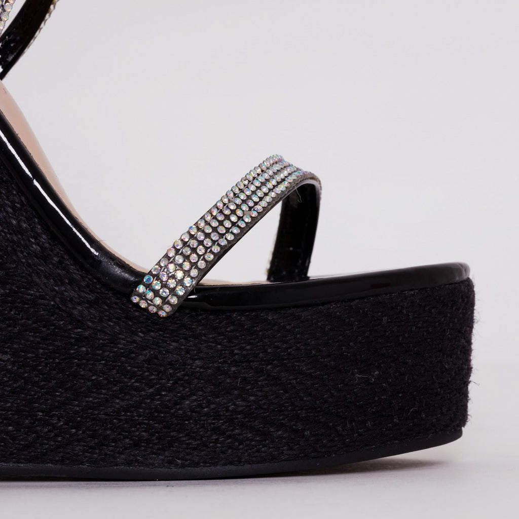 Ciara Black Patent Lace Up Espadrille Wedges