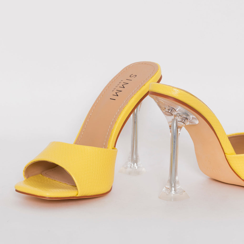 Eloura Yellow Snake Print Flared Heel Mules