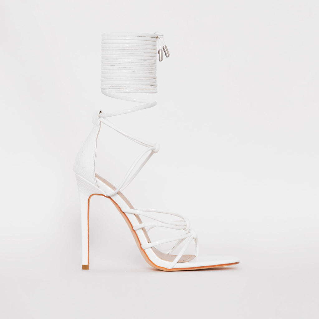 Marissa White Faux Snake Print Lace up Stiletto Heels