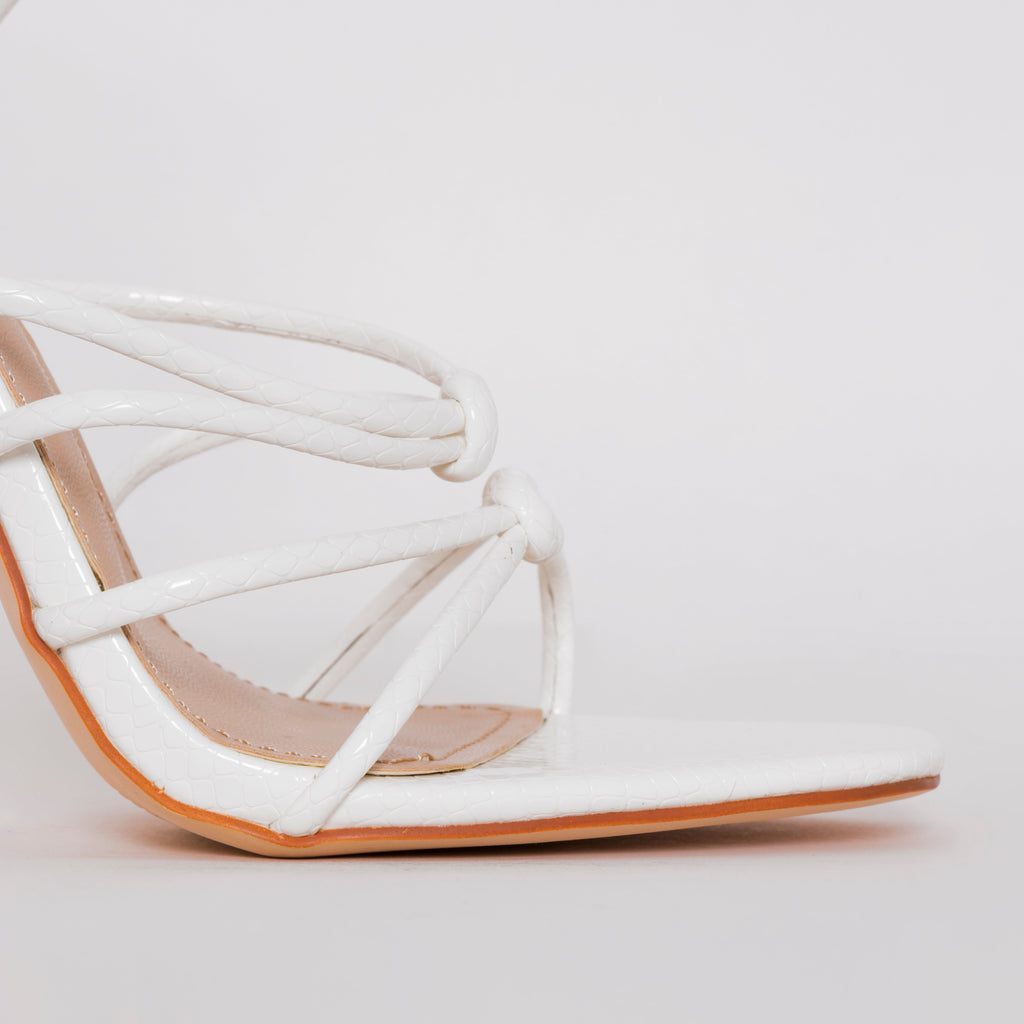 Marissa White Faux Snake Print Lace up Stiletto Heels
