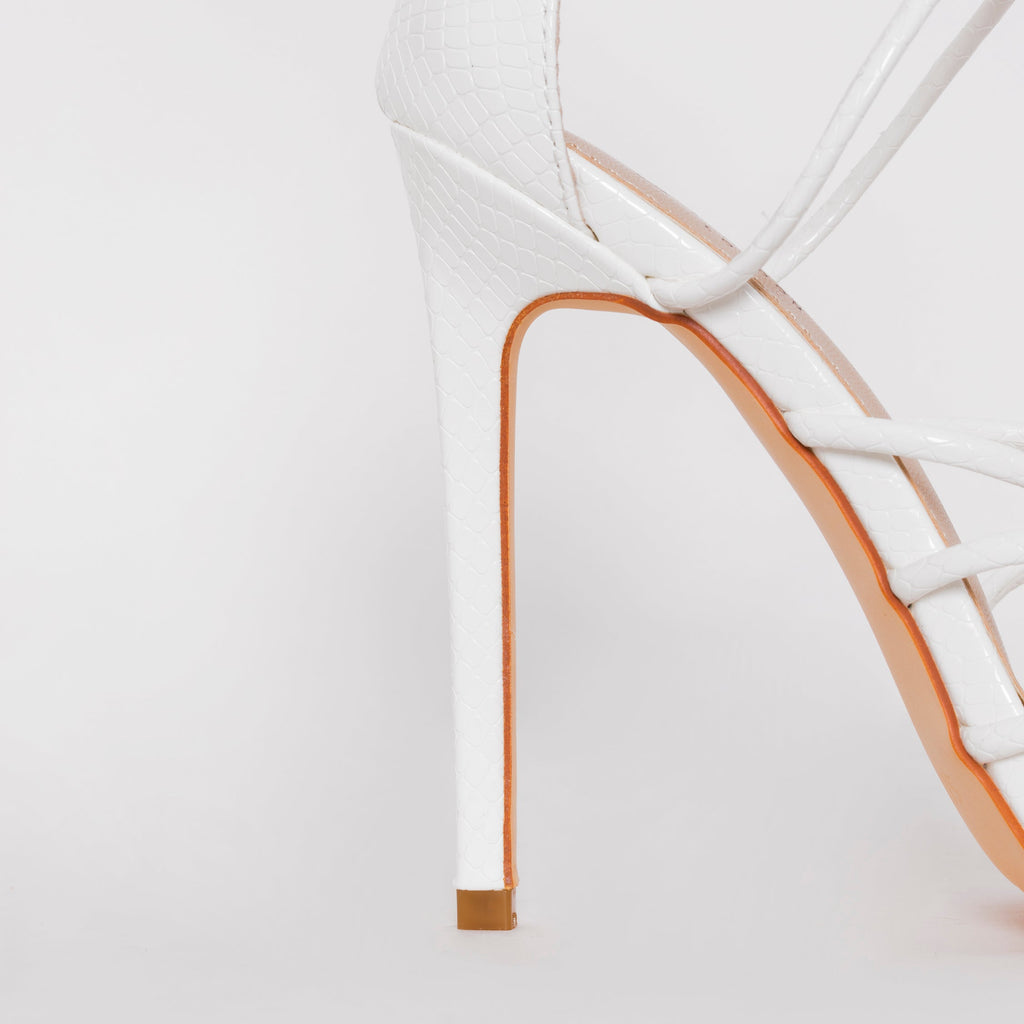 Marissa White Faux Snake Print Lace up Stiletto Heels