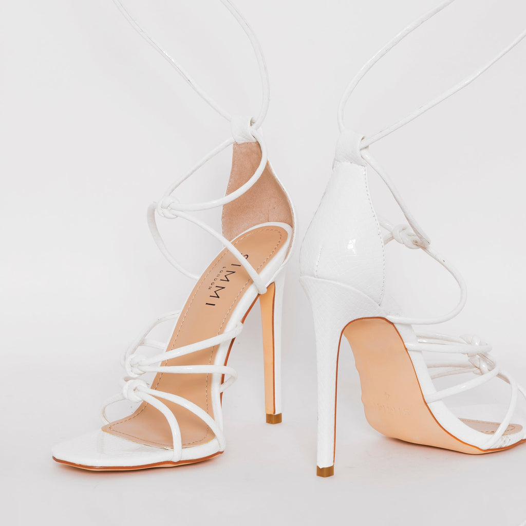 Marissa White Faux Snake Print Lace up Stiletto Heels