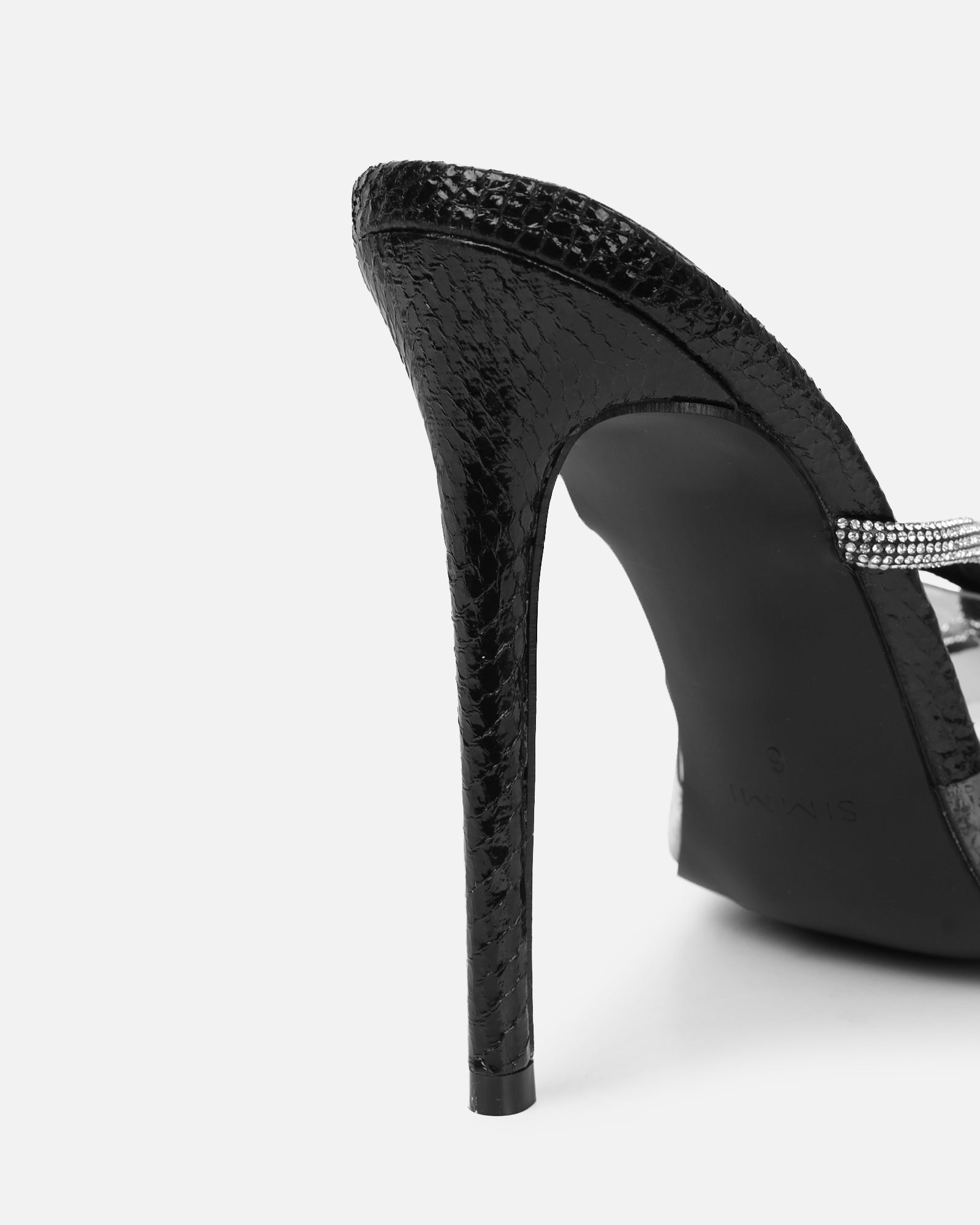 Meriel Black Snake Effect Stiletto Mules