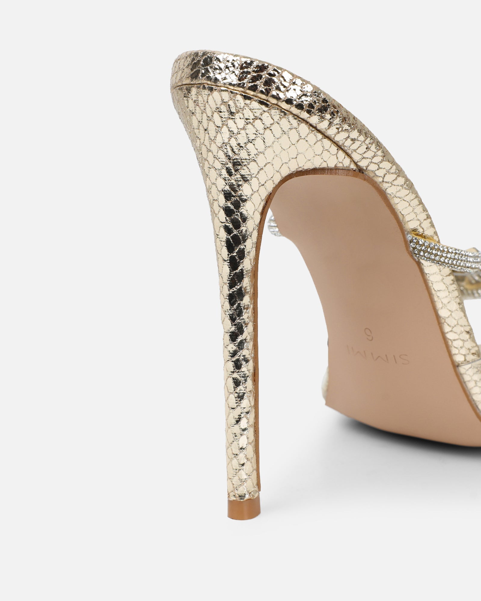 Meriel Gold Snake Effect Stiletto Mules