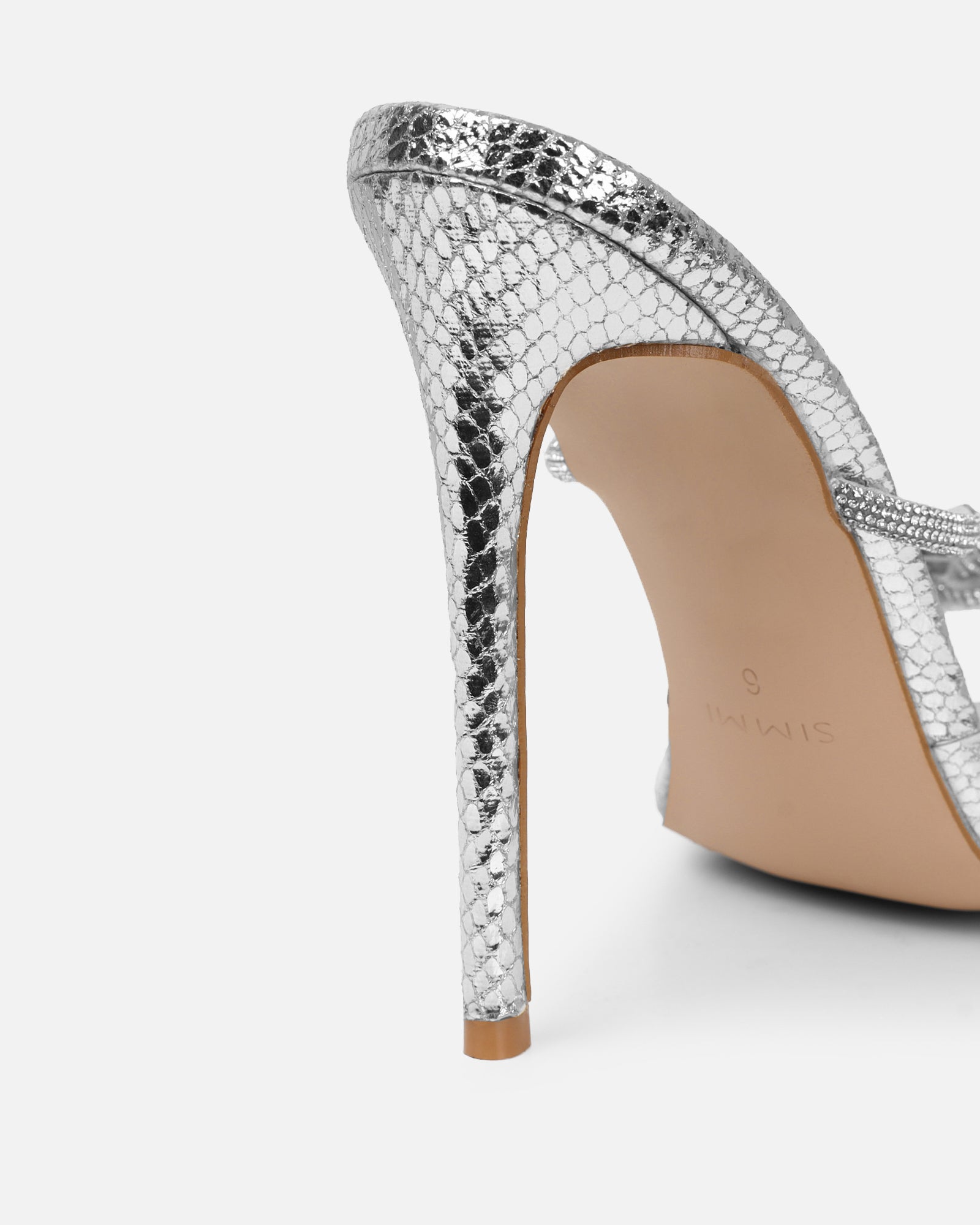Meriel Silver Snake Effect Stiletto Mules
