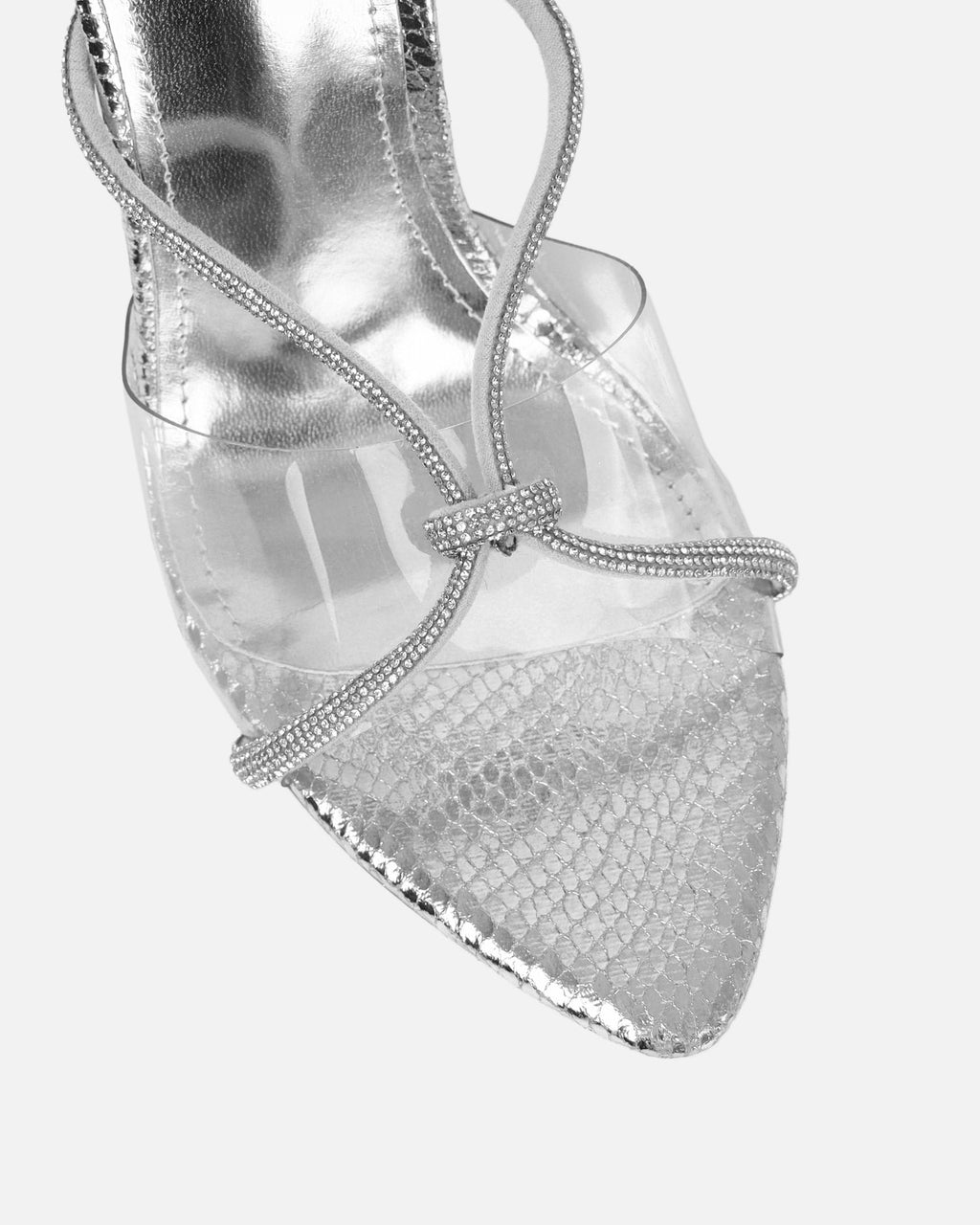 Meriel Silver Snake Effect Stiletto Mules
