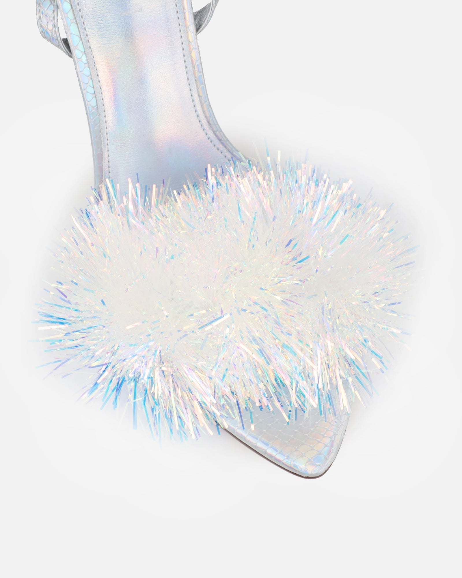 Doris Silver Holographic Tinsel Heeled Sandals
