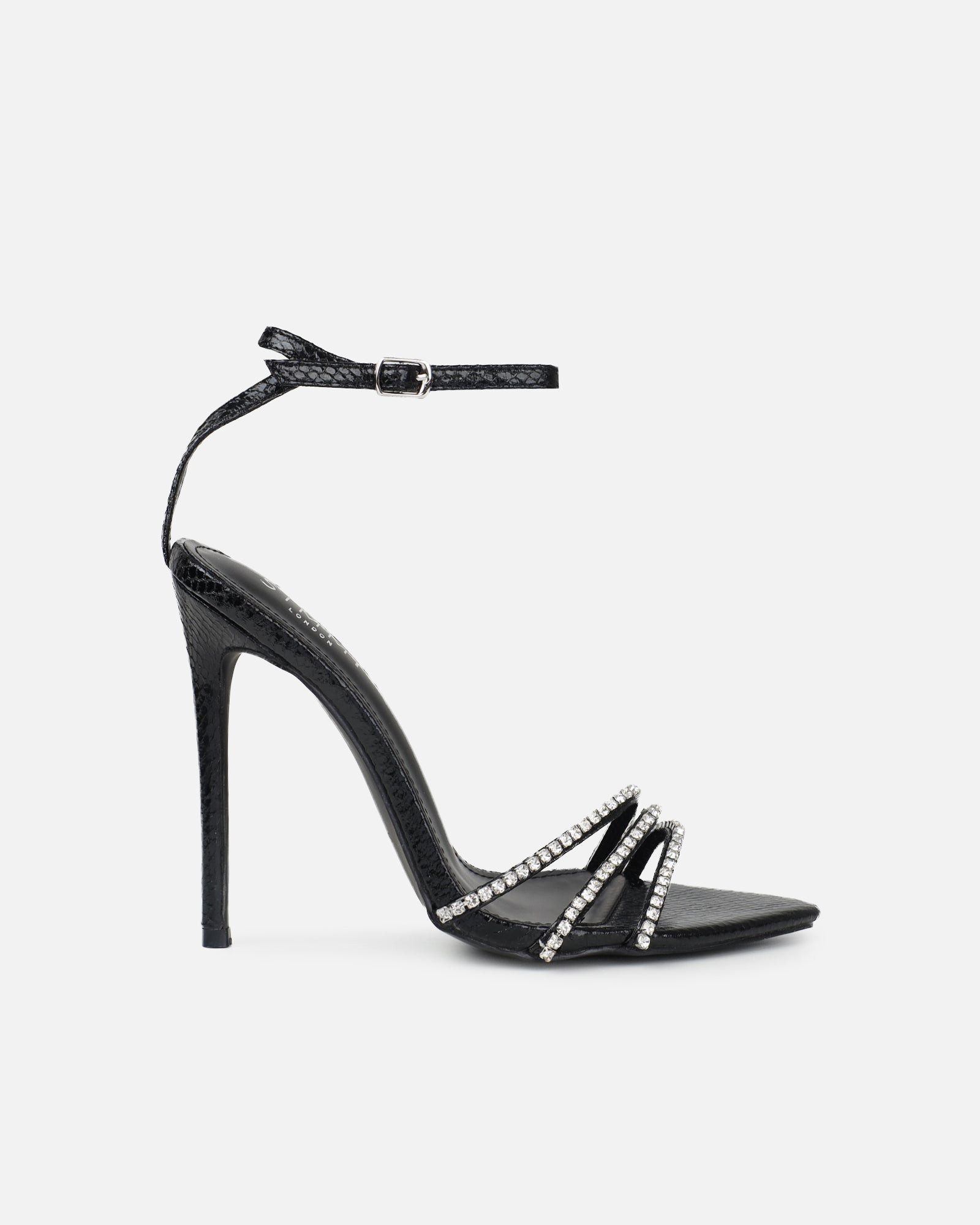 Shakirah Black Snake Diamante Heeled Sandals