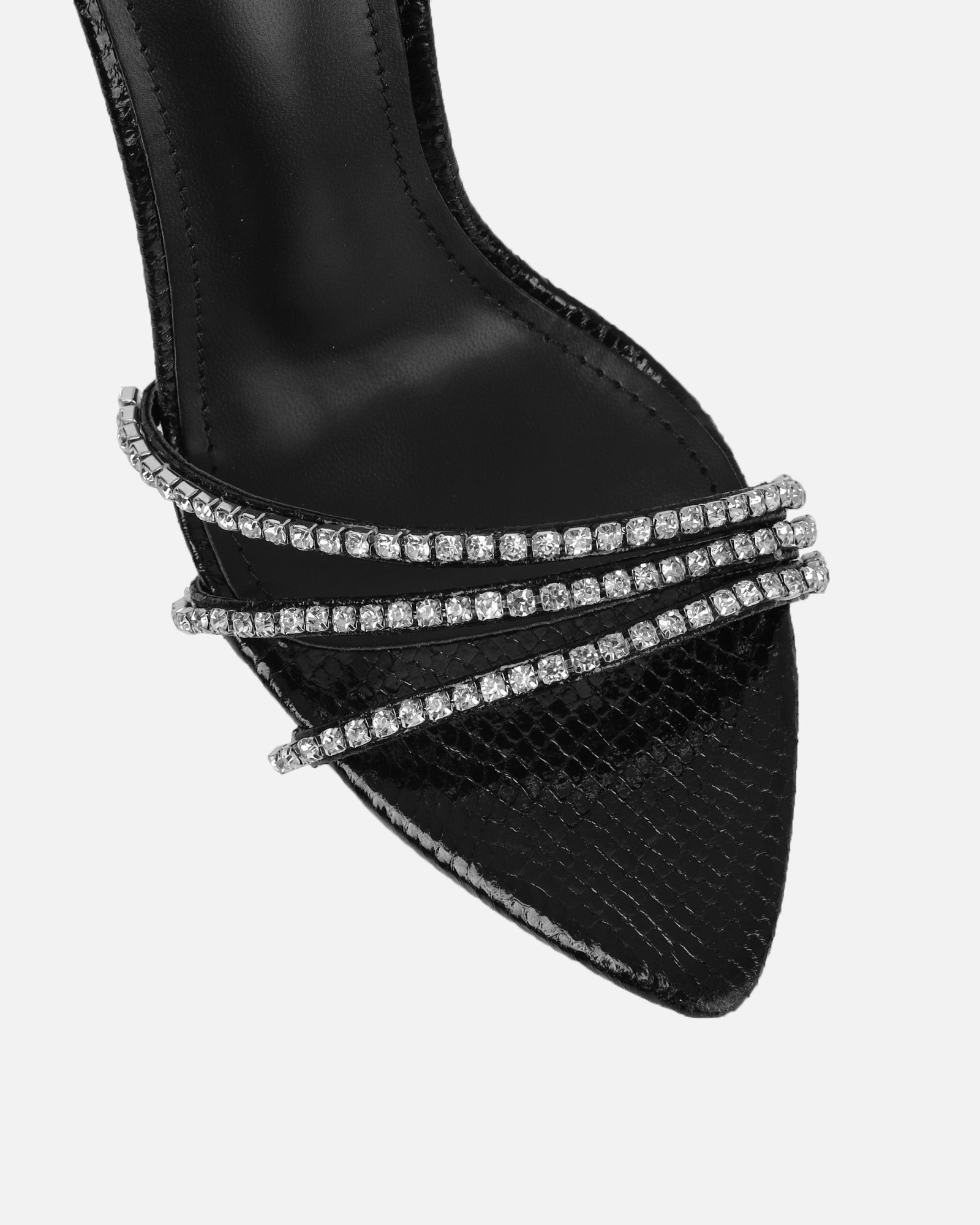 Shakirah Black Snake Diamante Heeled Sandals