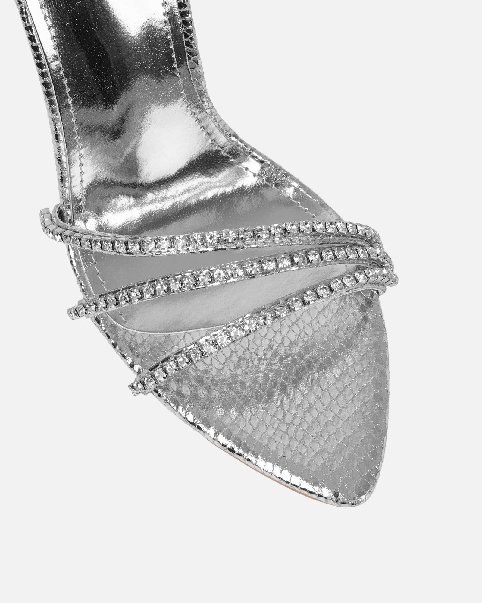 Shakirah Silver Snake Diamante Heeled Sandals