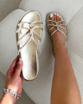 Edessa Gold Metallic Diamante Flat Sandals