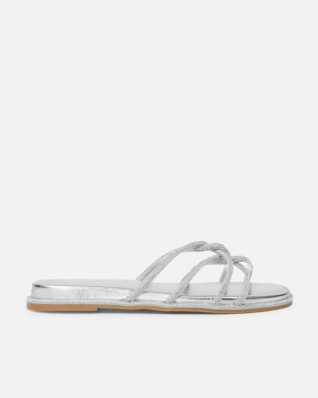 Edessa Silver Metallic Diamante Flat Sandals