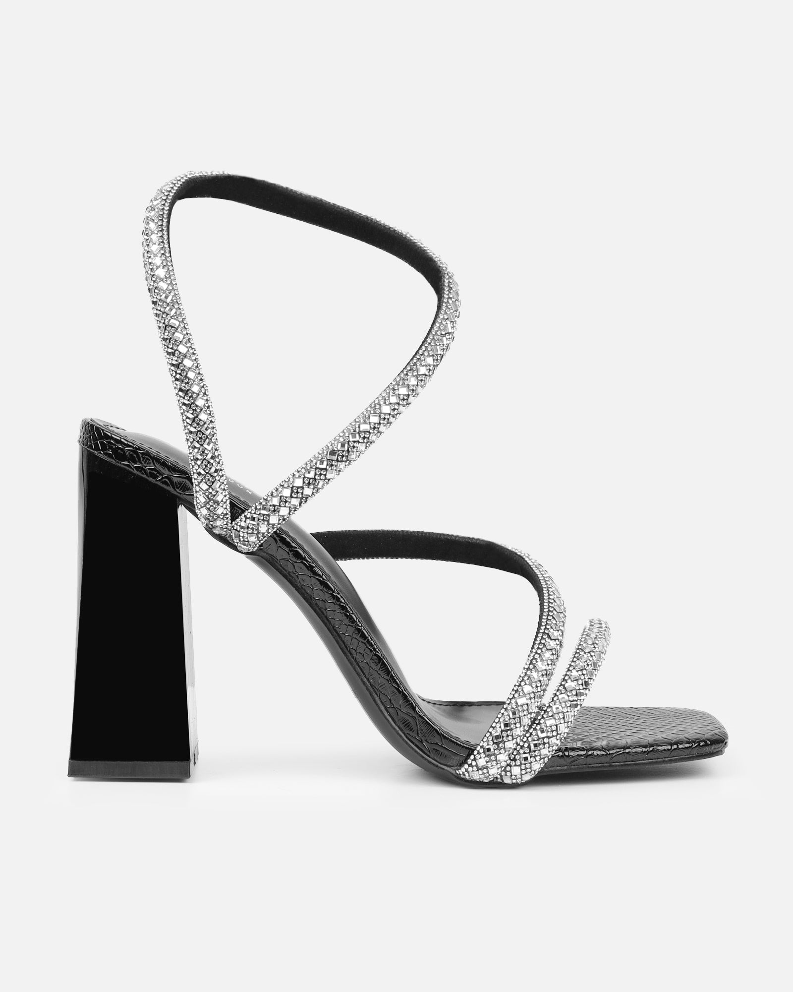 Elanaa Black Snake Faux Effect Diamante Block Heeled Sandals
