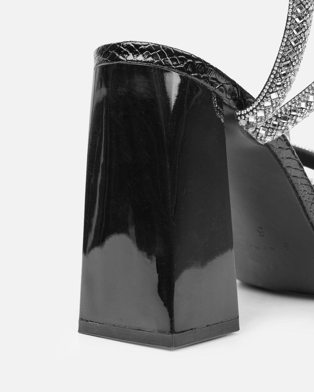 Elanaa Black Snake Faux Effect Diamante Block Heeled Sandals