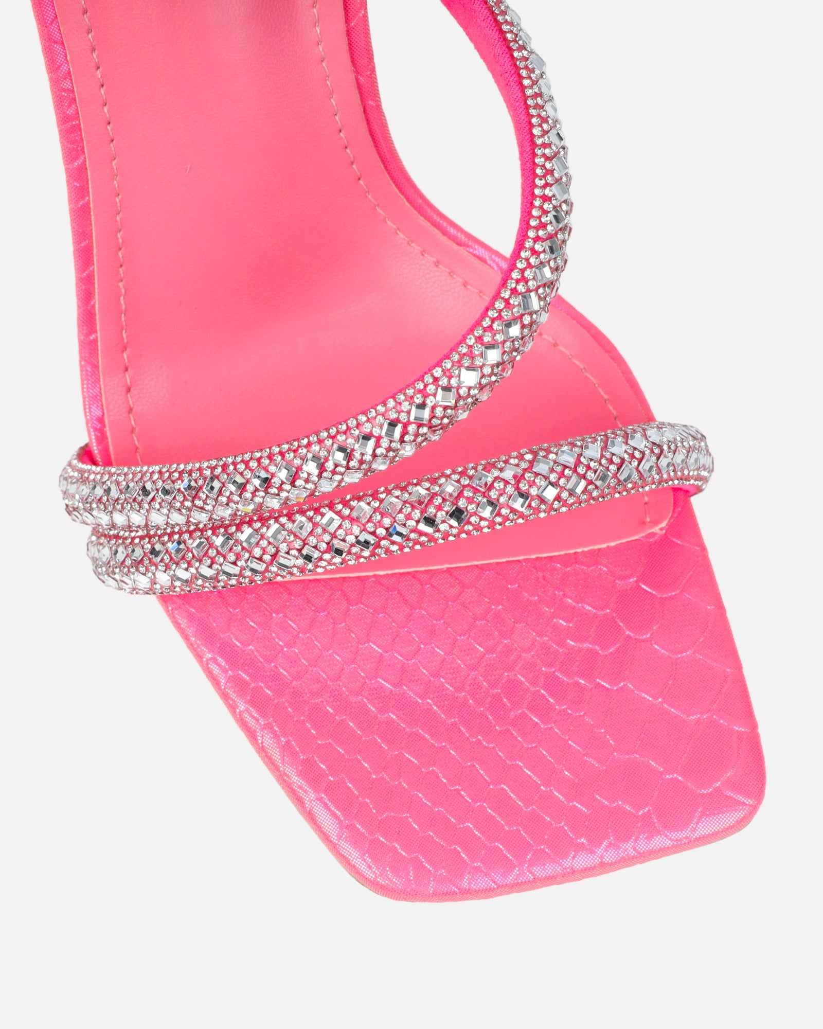 Elanaa Pink Snake Faux Effect Diamante Block Heeled Sandals