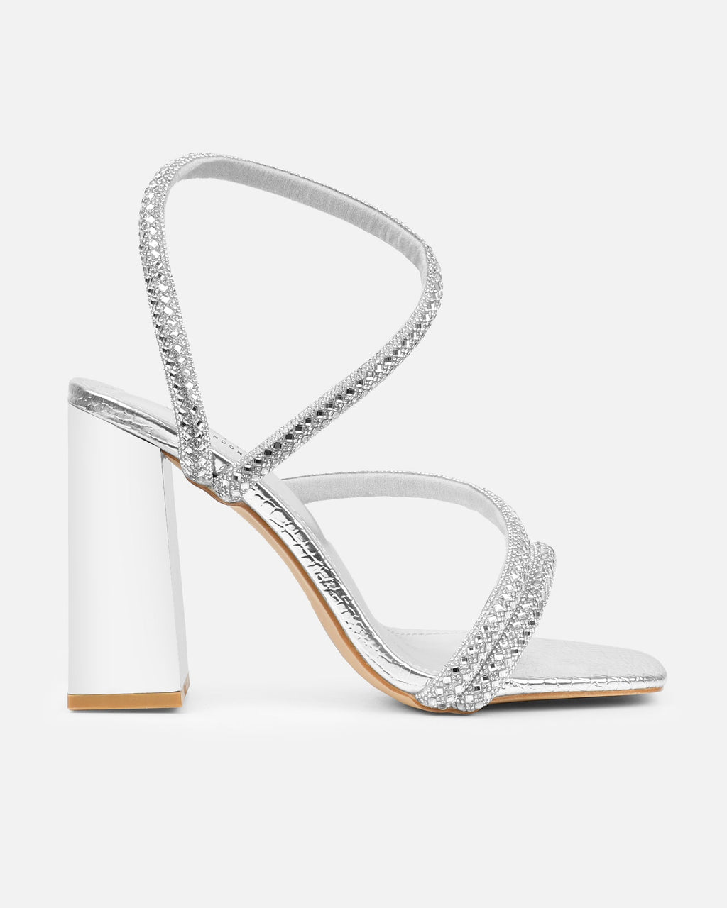 Elanaa Silver Faux Snake Effect Diamante Block Heeled Sandals