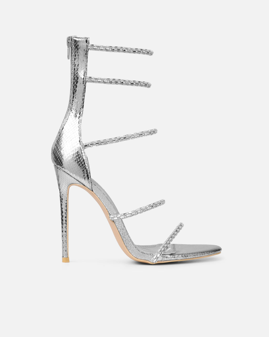 Elba Silver Snake Effect Diamante Heeled Sandals