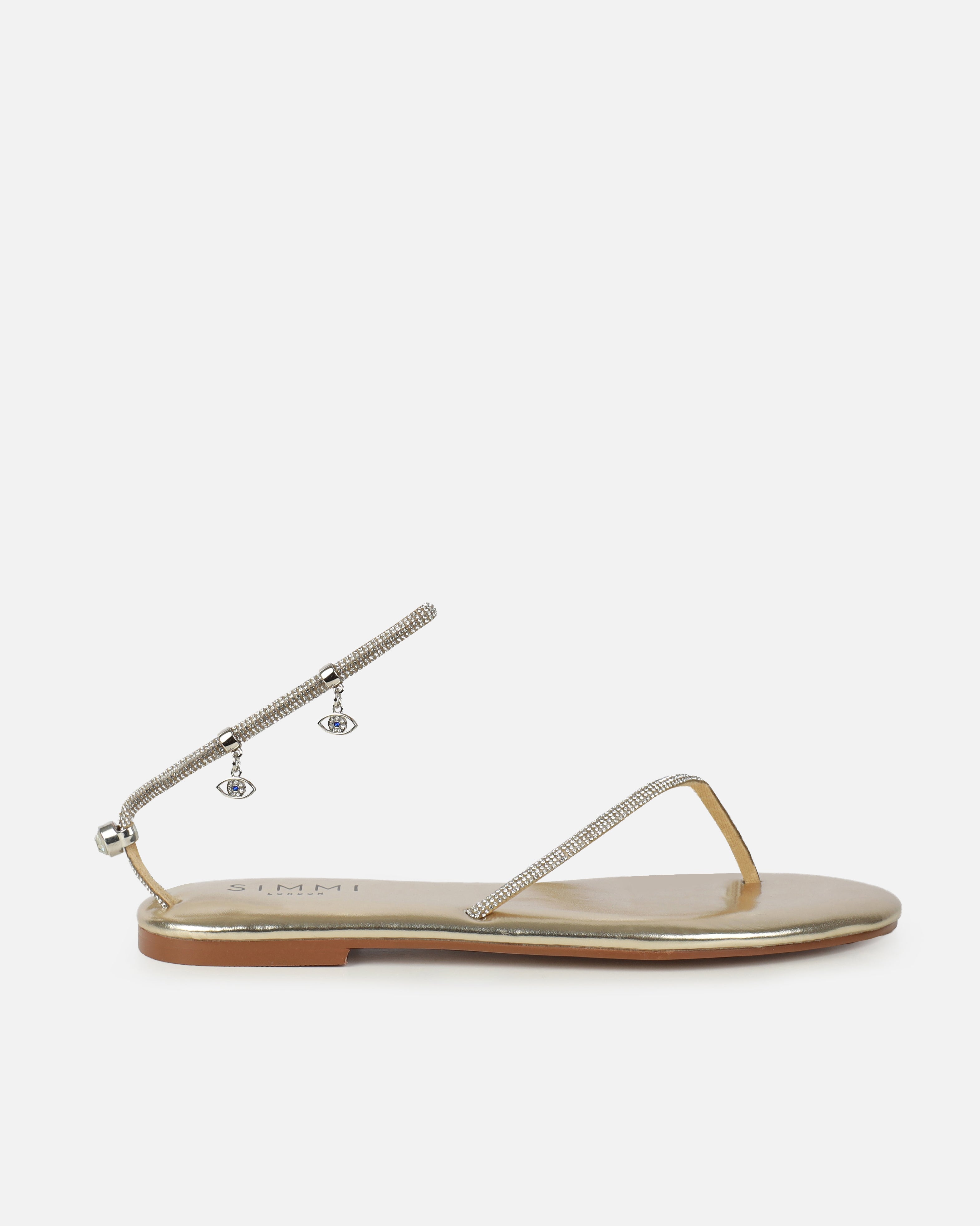 Dakoa Gold Metallic Evil Eye Charm Flat Sandals