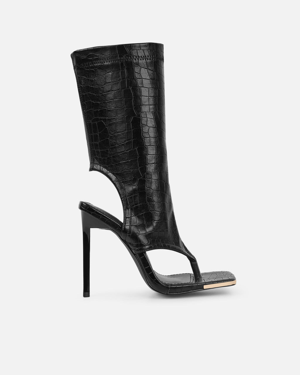 Senya Black Faux Croc Toe Thong Heeled Boots