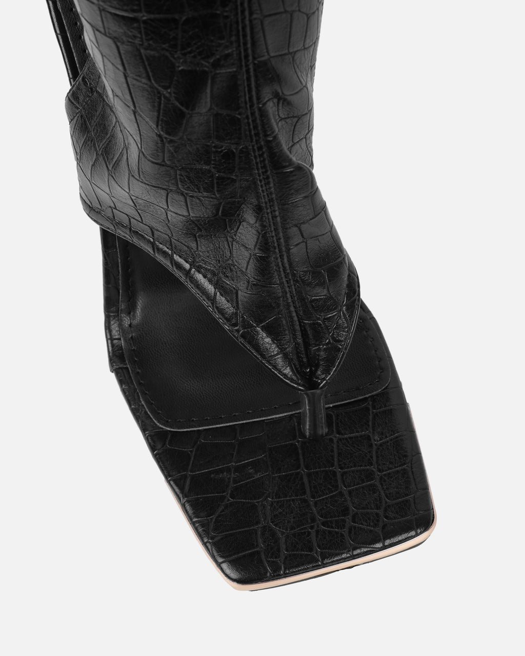 Senya Black Faux Croc Toe Thong Heeled Boots