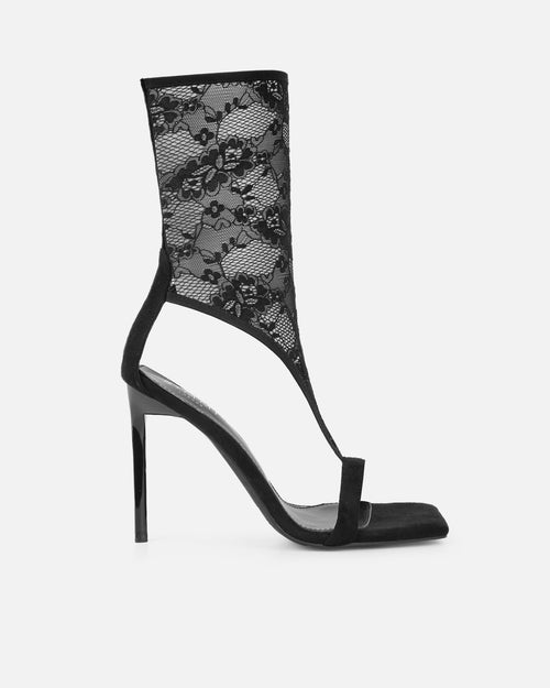 Venya Black Lace Toe Thong Heeled Sandals