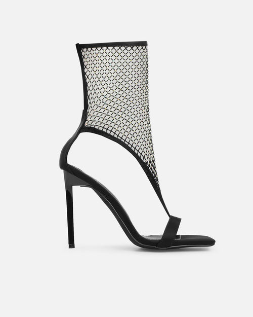 Venyi Black Toe Thong Diamante Mesh Heeled Sandals
